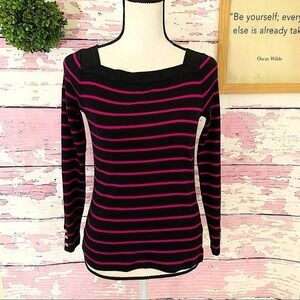 Ralph Lauren Black Pink Striped Top Square Neck Gold Buttons